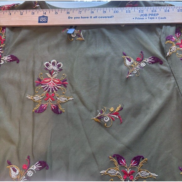 Massini Olive Green Mesh Women's Top Multicolor Floral Embroidery Layered Size S - Picture 4 of 10